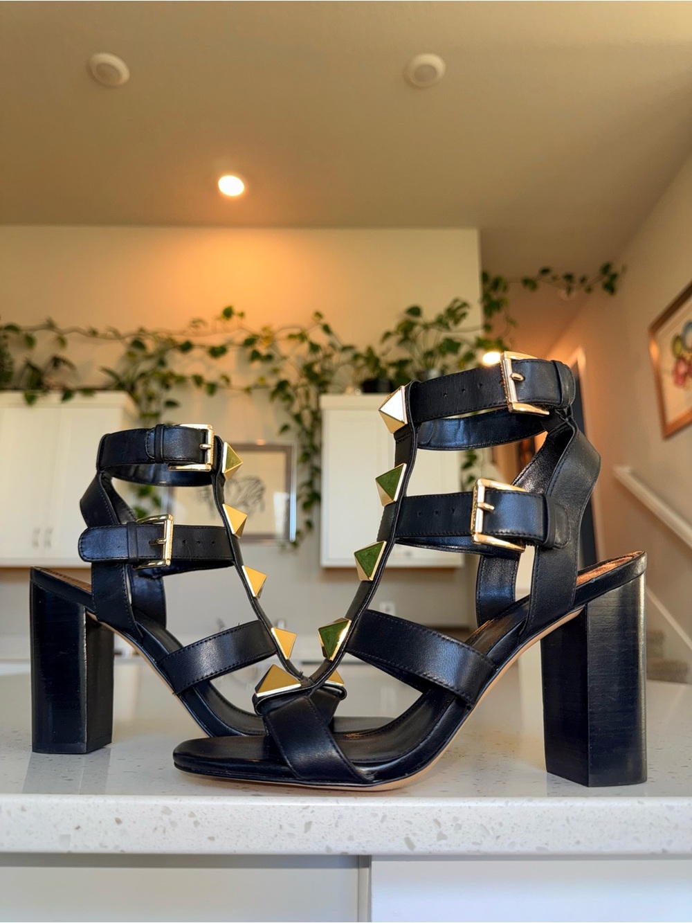 MICHAEL Michael Kors Black Leather Studded Block Heel Sandals with Gold Accents
